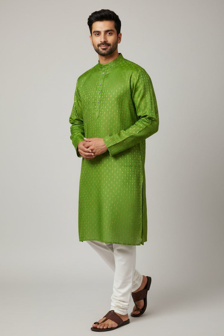 Green Cotton Buti Kurta for Men