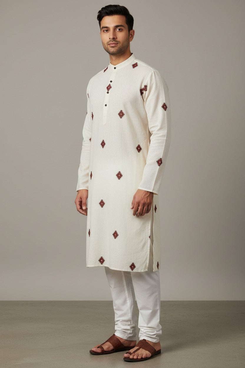 Off White Cotton Kurta for Men