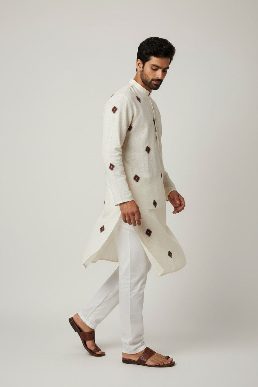 Off White Cotton Kurta for Men