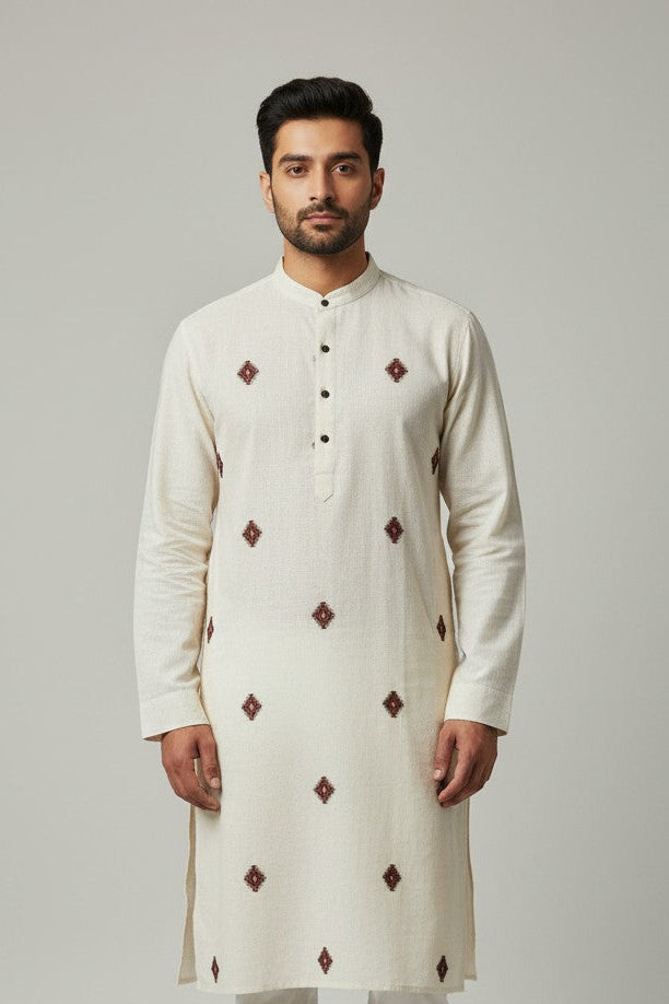 Off White Cotton Kurta for Men