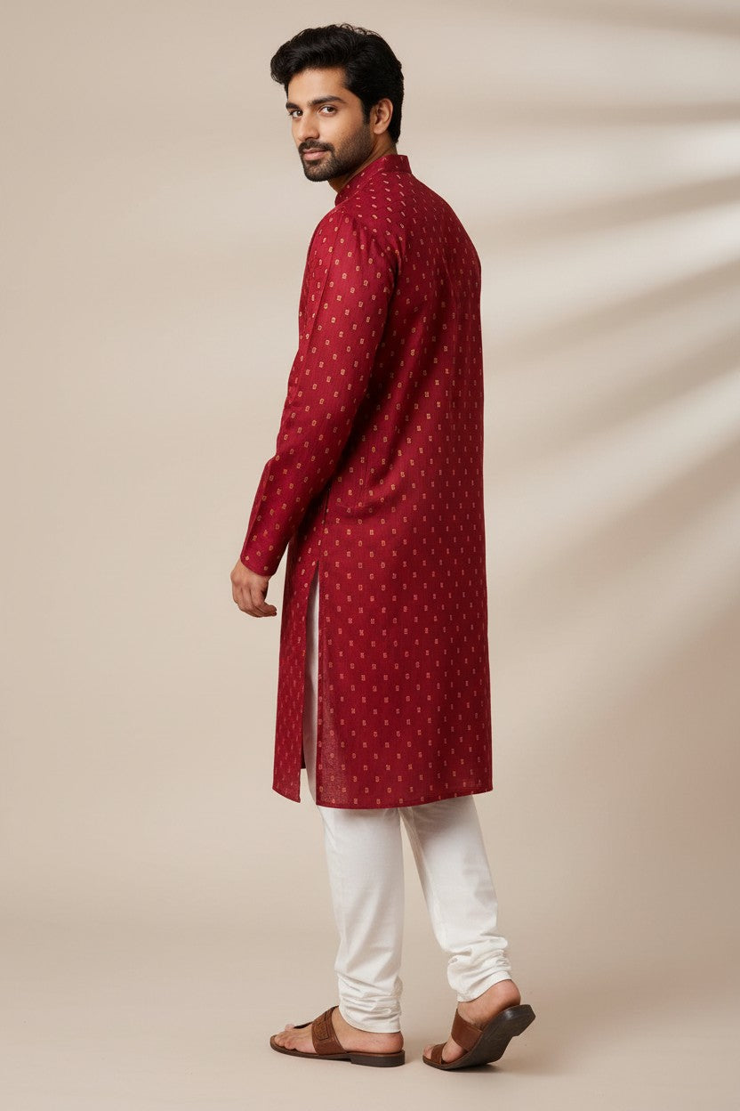 Maroon Cotton Buti Kurta for Men