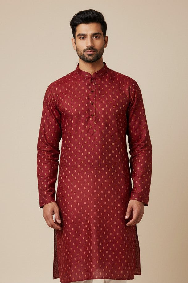 Maroon Cotton Buti Kurta for Men