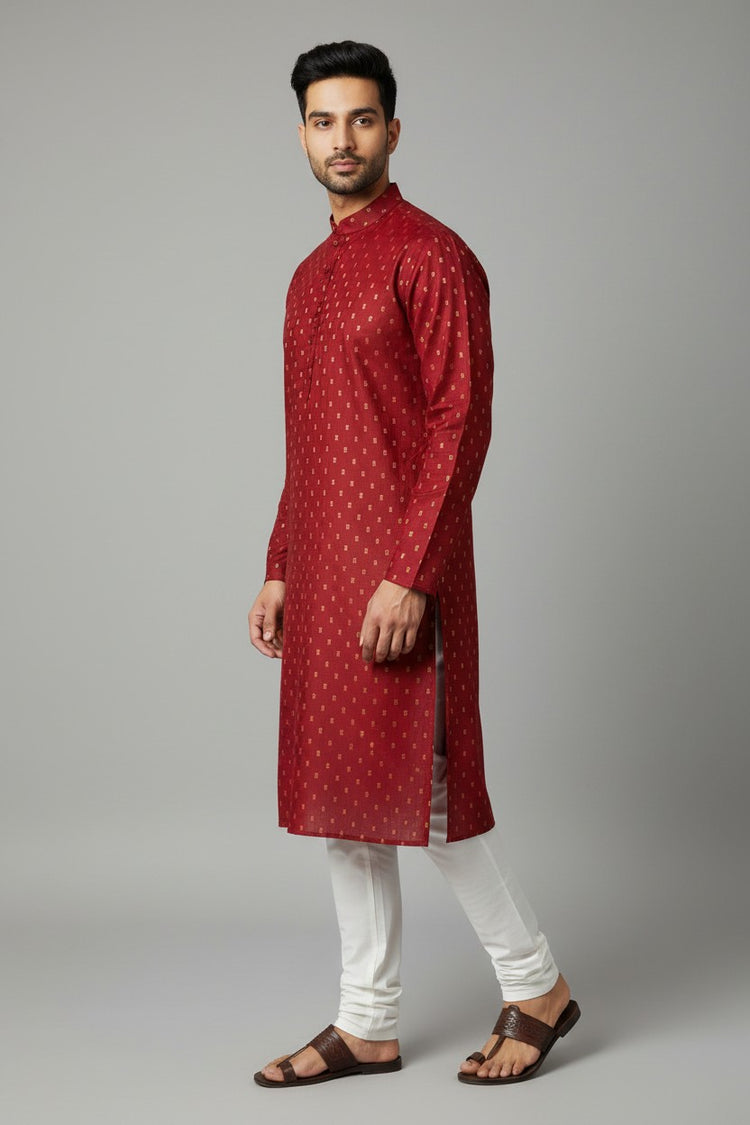 Maroon Cotton Buti Kurta for Men