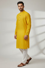 Yellow Cotton Chevron Pattern Kurta for Men