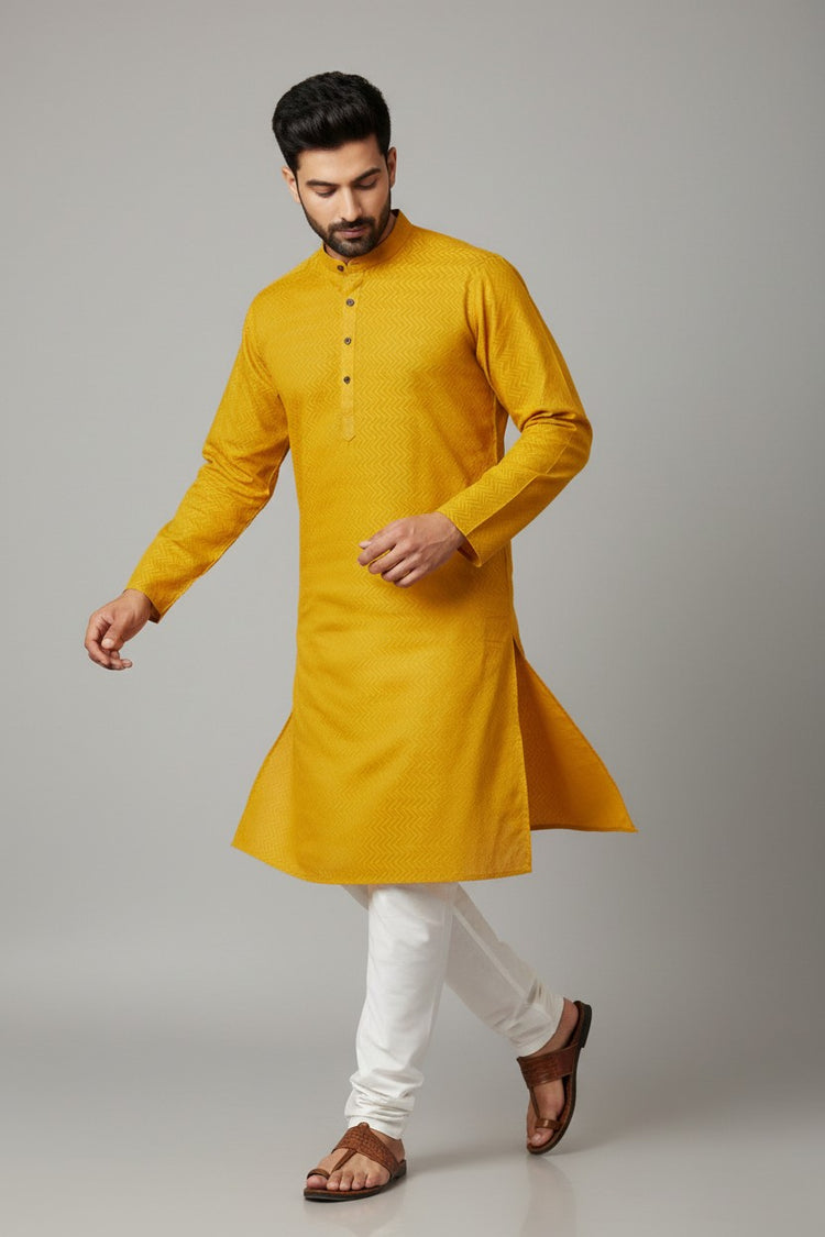 Yellow Cotton Chevron Pattern Kurta for Men