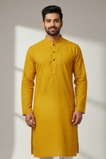 Yellow Cotton Chevron Pattern Kurta for Men