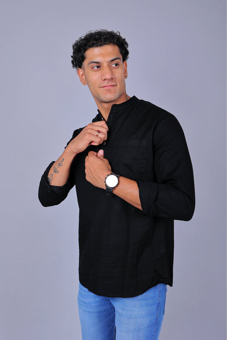 Bluebird Men's Short Kurta in Black - 100% Pure Cotton - Veshbhoshaa