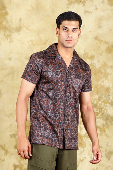 Bluebird Cotton Blend Short Brown Printed Shirt for Men - Veshbhoshaa