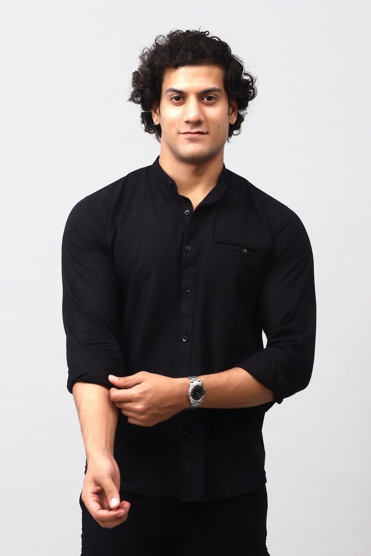 Bluebird Men's 100% Cotton Mandarin Shirt Black Color - Veshbhoshaa