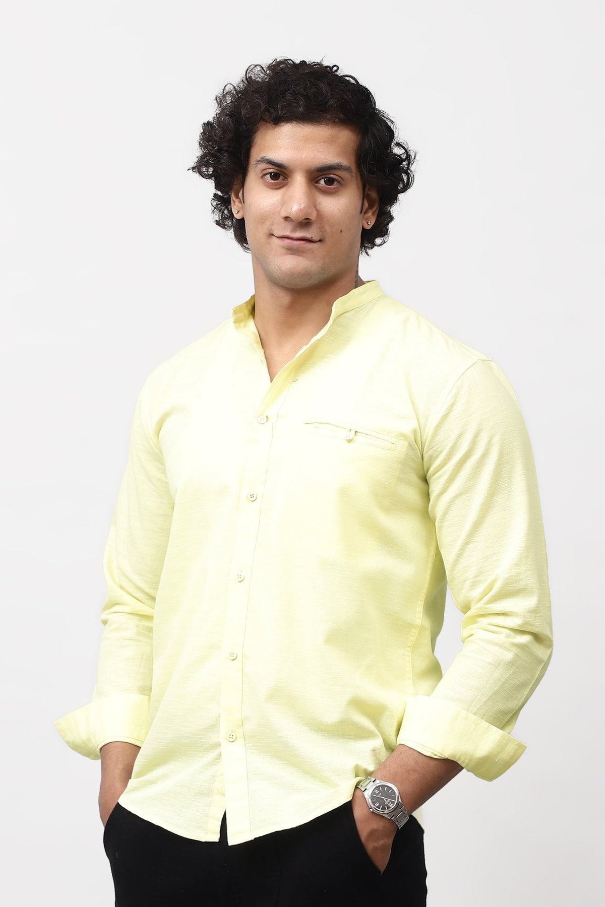 Bluebird Men's 100% Cotton Mandarin Shirt Light Lemon Color - Veshbhoshaa