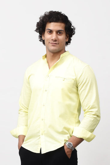 Bluebird Men's 100% Cotton Mandarin Shirt Light Lemon Color - Veshbhoshaa