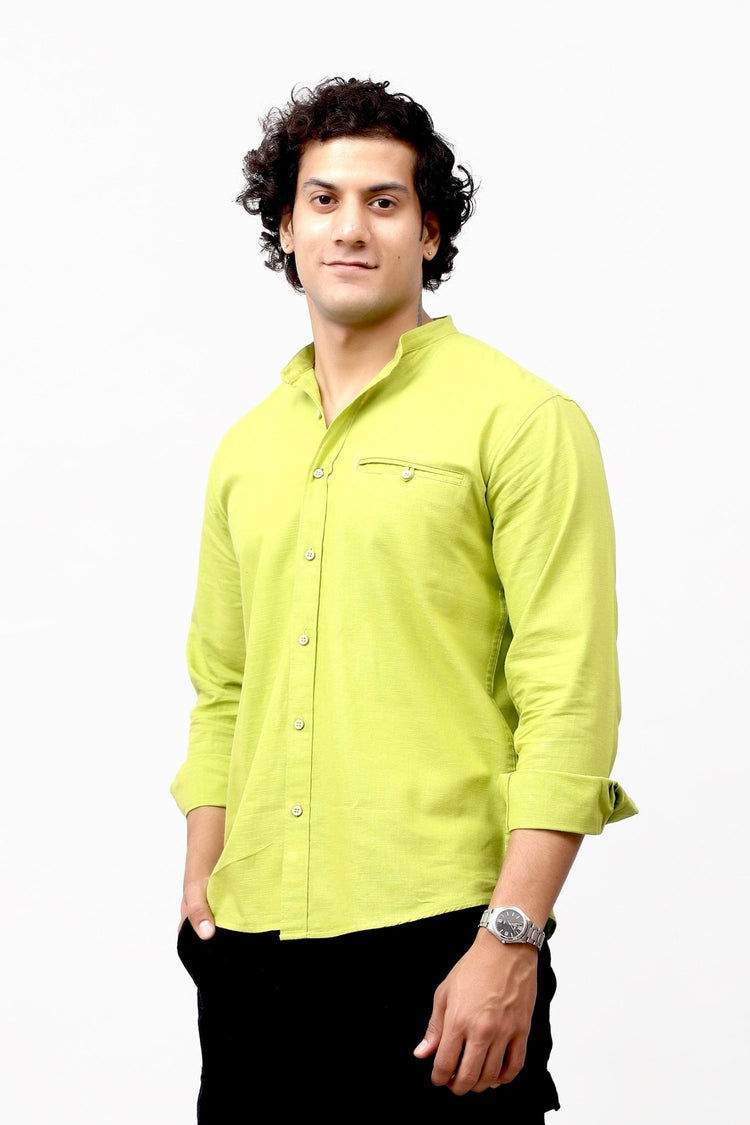 Bluebird Men's 100% Cotton Mandarin Shirt Mehandi Green Color - Veshbhoshaa