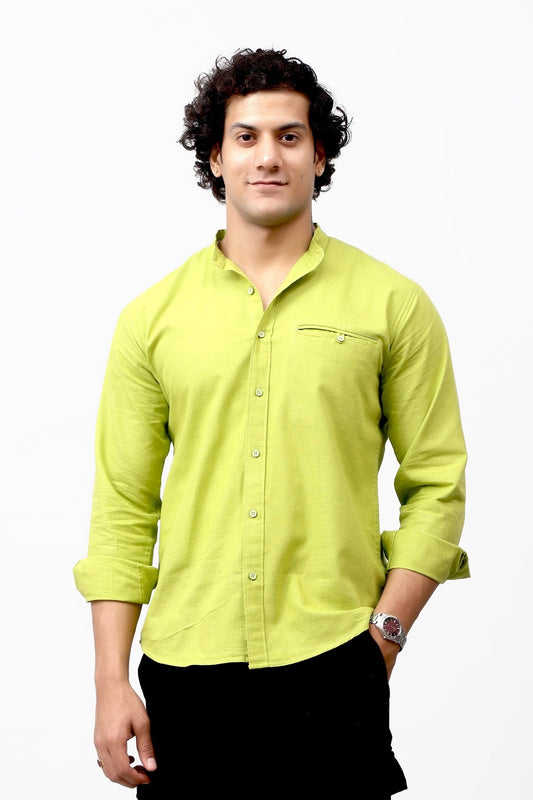 Bluebird Men's 100% Cotton Mandarin Shirt Mehandi Green Color - Veshbhoshaa