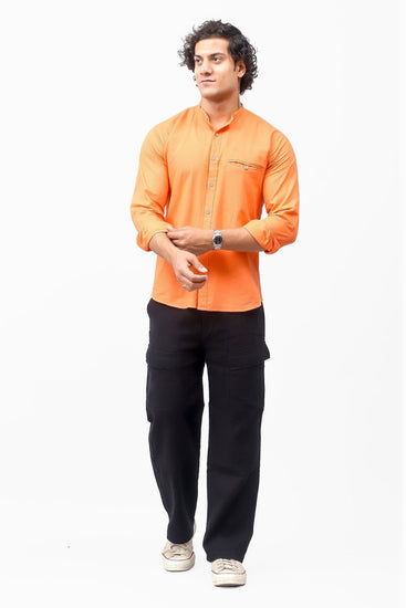 Bluebird Men's 100% Cotton Mandarin Shirt Orange Color - Veshbhoshaa