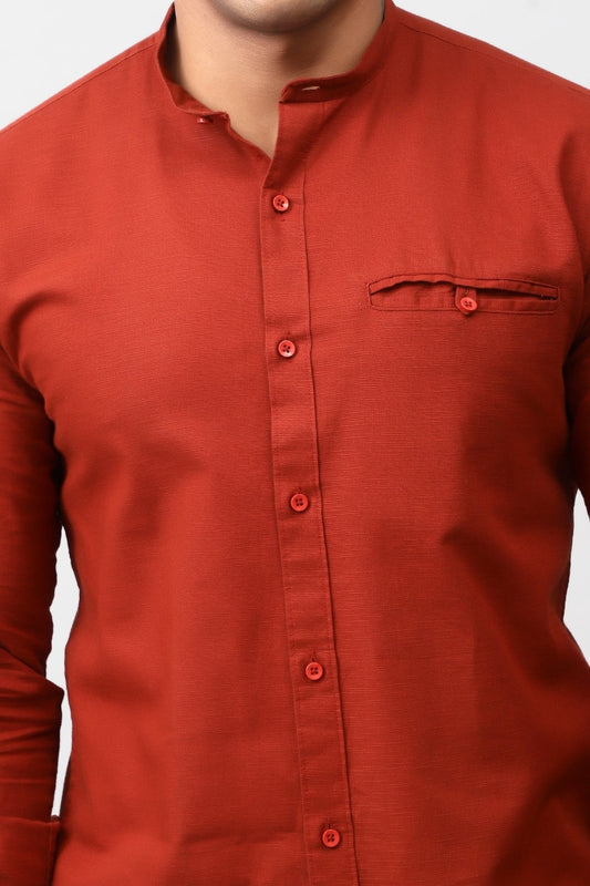 Bluebird Men's 100% Cotton Mandarin Shirt Rust Color - Veshbhoshaa