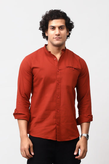 Bluebird Men's 100% Cotton Mandarin Shirt Rust Color - Veshbhoshaa