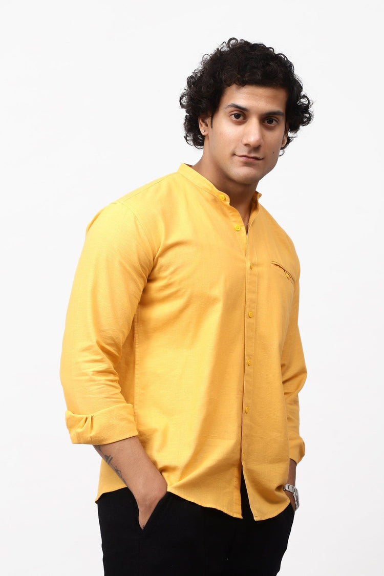 Bluebird Men's 100% Cotton Mandarin Shirt Yellow Color - Veshbhoshaa