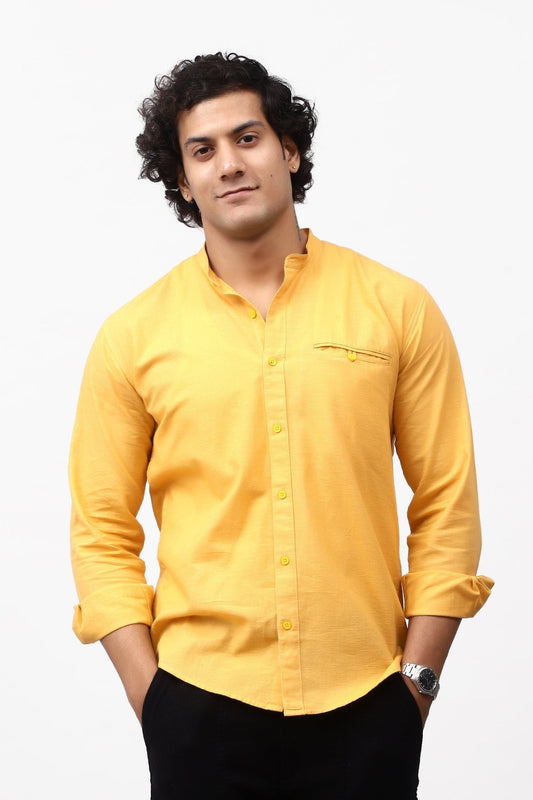 Bluebird Men's 100% Cotton Mandarin Shirt Yellow Color - Veshbhoshaa