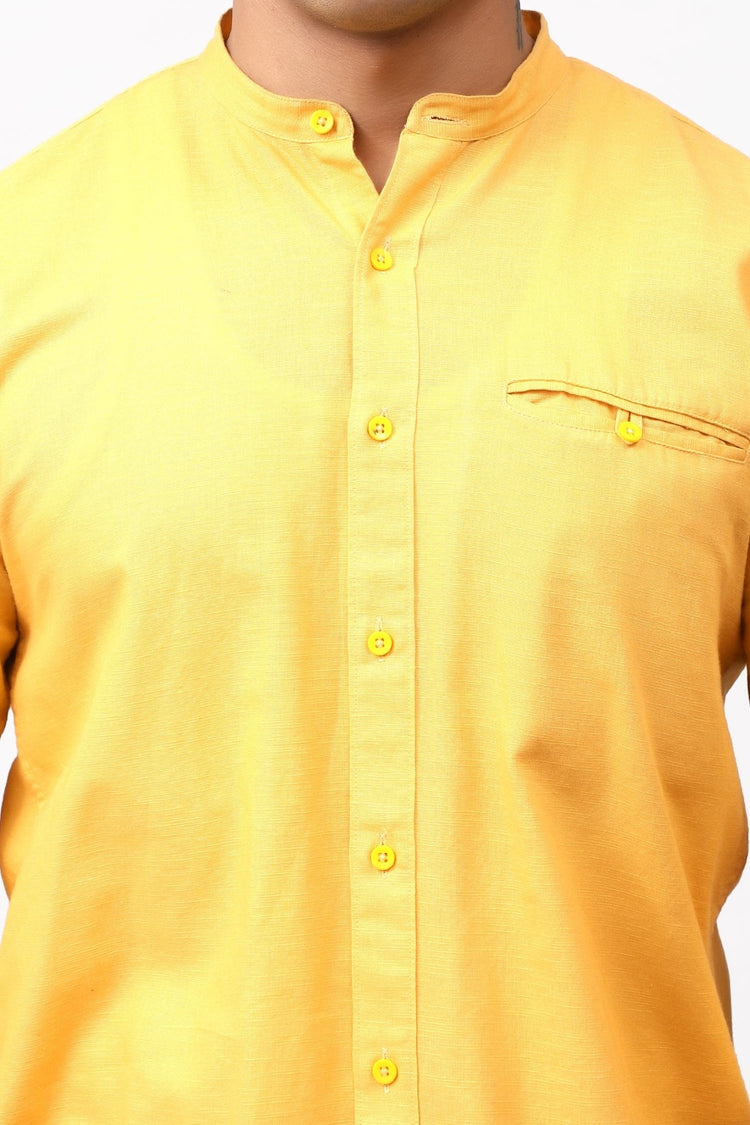 Bluebird Men's 100% Cotton Mandarin Shirt Yellow Color - Veshbhoshaa