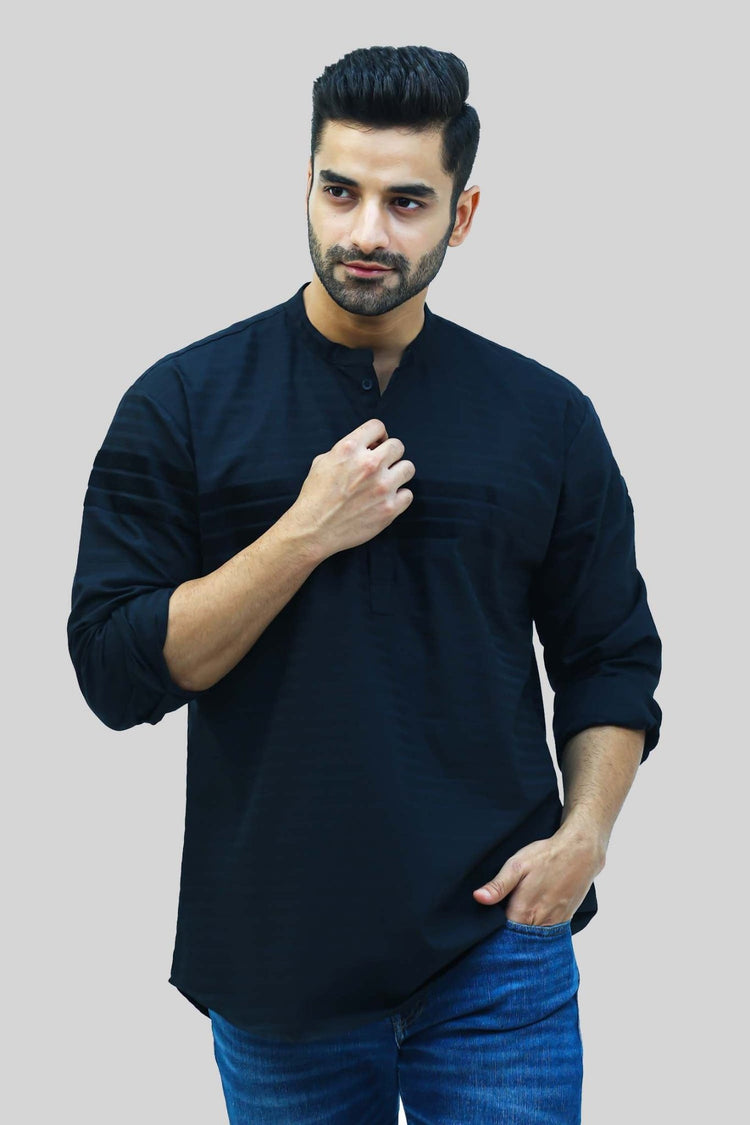 bluebird men's black casual short kurta - Veshbhoshaa