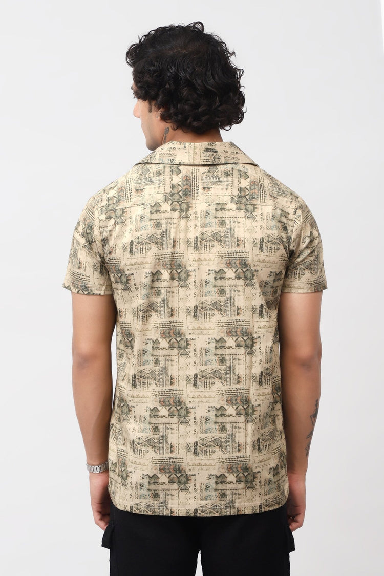 Bluebird Men's Casual Half - Sleeve Shirt Geometric Print Beige - Veshbhoshaa