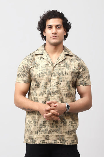 Bluebird Men's Casual Half - Sleeve Shirt Geometric Print Beige - Veshbhoshaa