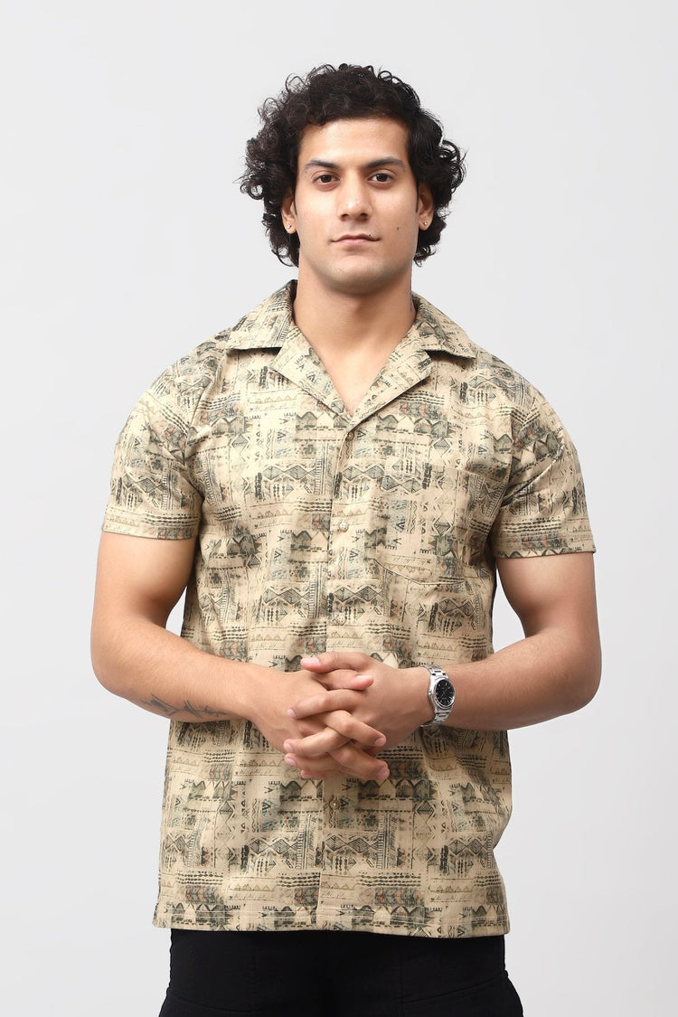 Bluebird Men's Casual Half - Sleeve Shirt Geometric Print Beige - Veshbhoshaa