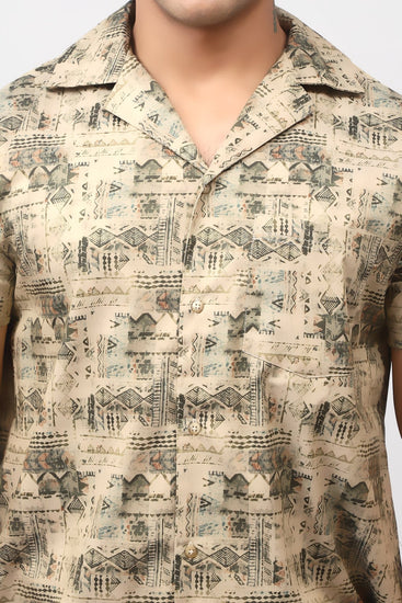 Bluebird Men's Casual Half - Sleeve Shirt Geometric Print Beige - Veshbhoshaa