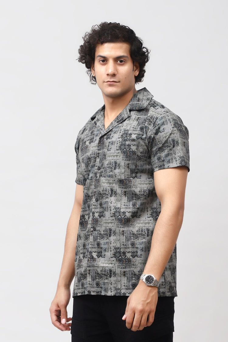 Bluebird Men's Casual Half - Sleeve Shirt Geometric Print Black - Veshbhoshaa