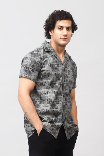 Bluebird Men's Casual Half - Sleeve Shirt Geometric Print Black - Veshbhoshaa