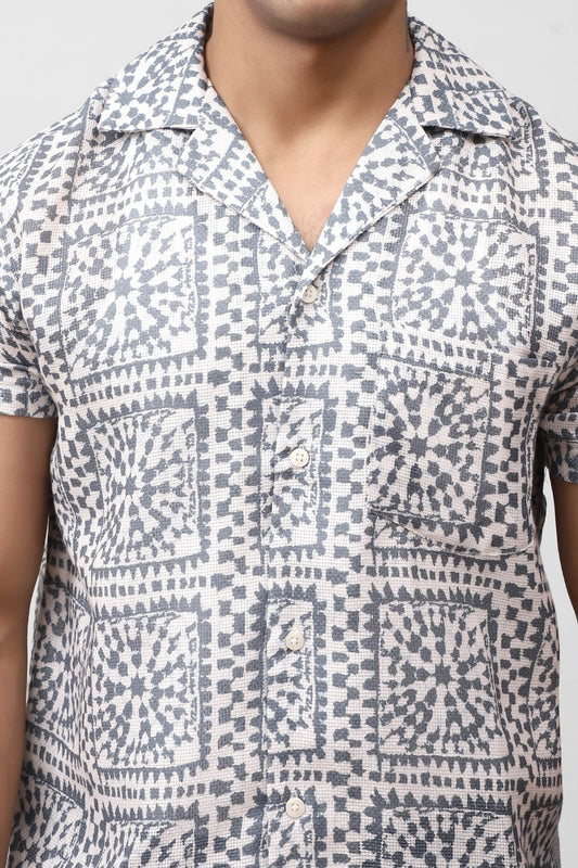 Bluebird Men's Casual Half - Sleeve Shirt Geometric Print Grey - Veshbhoshaa