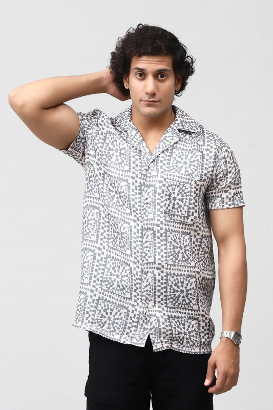 Bluebird Men's Casual Half - Sleeve Shirt Geometric Print Grey - Veshbhoshaa