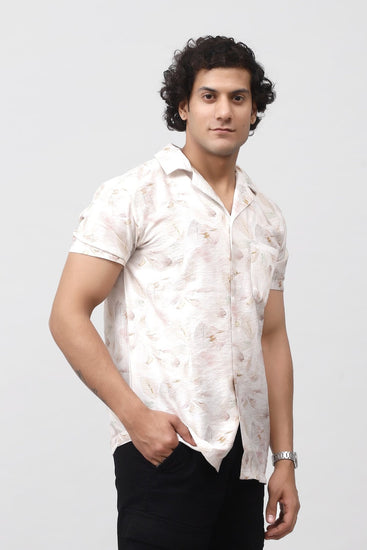 Bluebird Men's Casual Half - Sleeve Shirt Leaf Print Design Beige - Veshbhoshaa