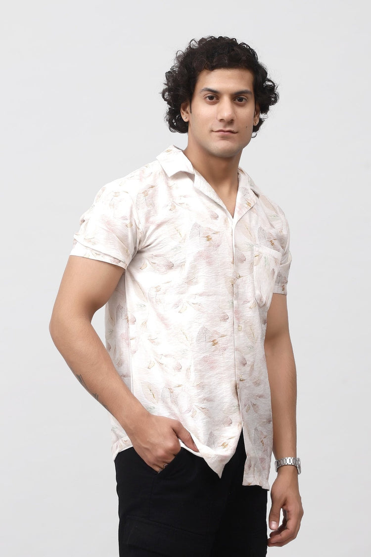 Bluebird Men's Casual Half - Sleeve Shirt Leaf Print Design Beige - Veshbhoshaa