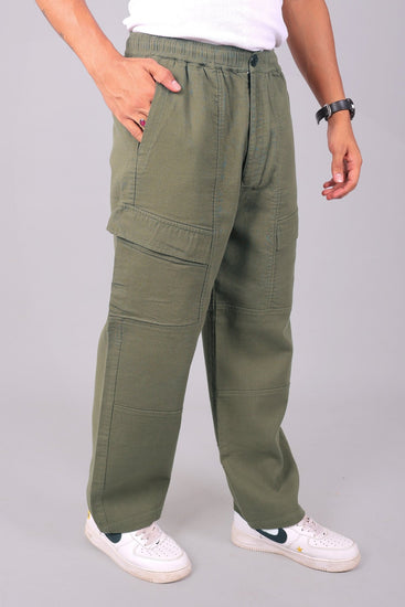 Bluebird Men's Cotton Cargo Pants Loose Fit Army Green - Veshbhoshaa