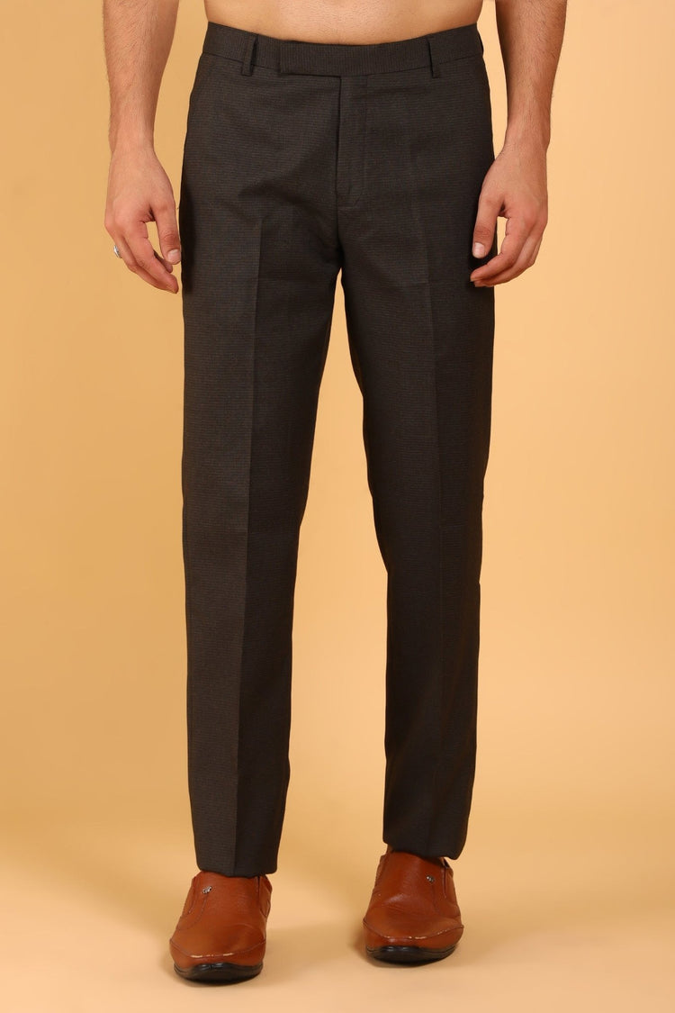 Bluebird Men's Dark Brown Textured Lycra Formal Trousers - Veshbhoshaa