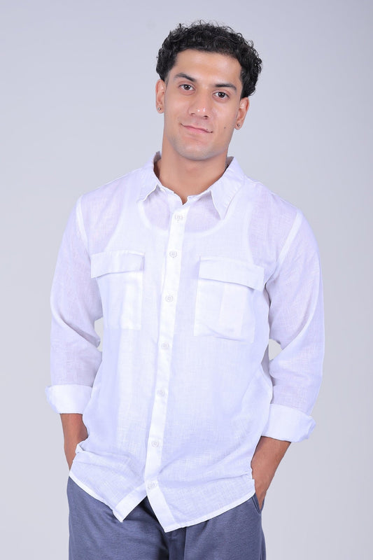 Bluebird Men's Double Pocket White Linen Shirt - Veshbhoshaa