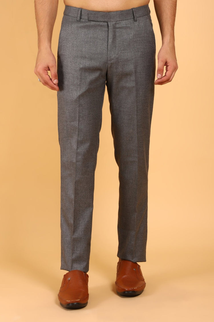 Bluebird Men's Grey Textured Lycra Formal Trousers - Veshbhoshaa