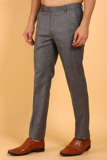 Bluebird Men's Grey Textured Lycra Formal Trousers - Veshbhoshaa