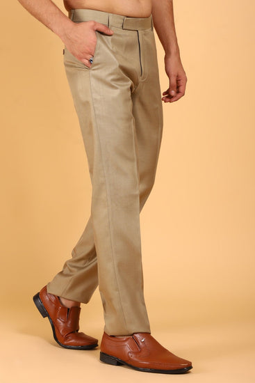 Bluebird Men's Khaki Textured Lycra Formal Trousers - Veshbhoshaa