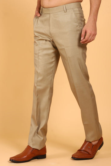 Bluebird Men's Khaki Textured Lycra Formal Trousers - Veshbhoshaa