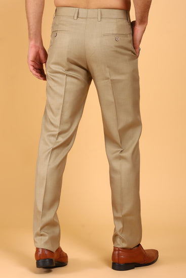 Bluebird Men's Khaki Textured Lycra Formal Trousers - Veshbhoshaa