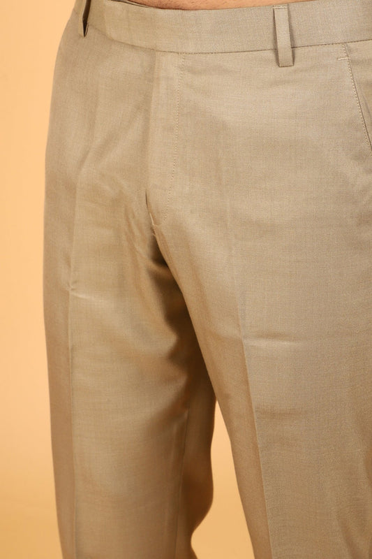 Bluebird Men's Khaki Textured Lycra Formal Trousers - Veshbhoshaa