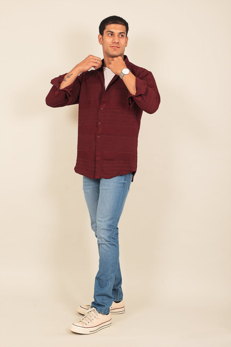 Bluebird Men's Maroon Knitted Jacquard Shirt - Veshbhoshaa