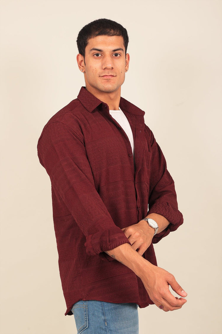 Bluebird Men's Maroon Knitted Jacquard Shirt - Veshbhoshaa