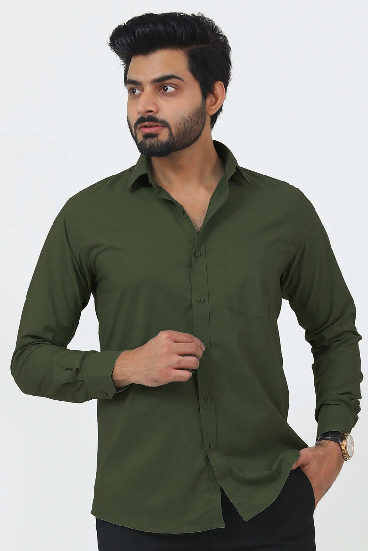 Bluebird Men's Mehndi Green Cotton Lycra Formal Shirt - Veshbhoshaa