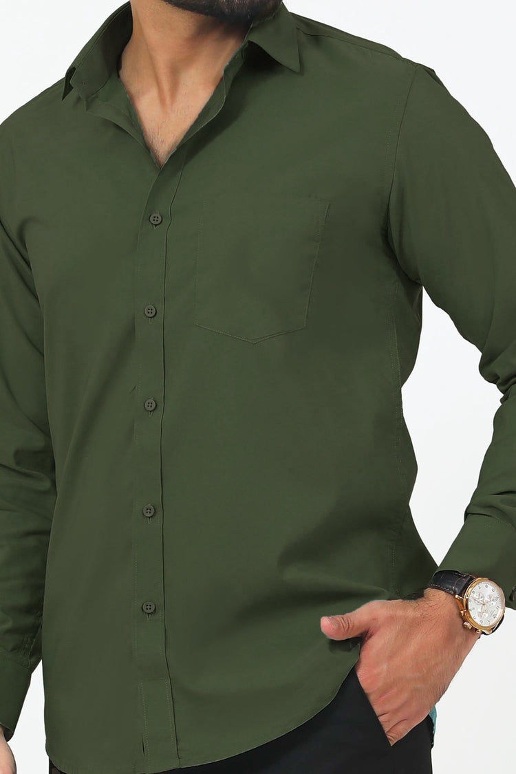 Bluebird Men's Mehndi Green Cotton Lycra Formal Shirt - Veshbhoshaa