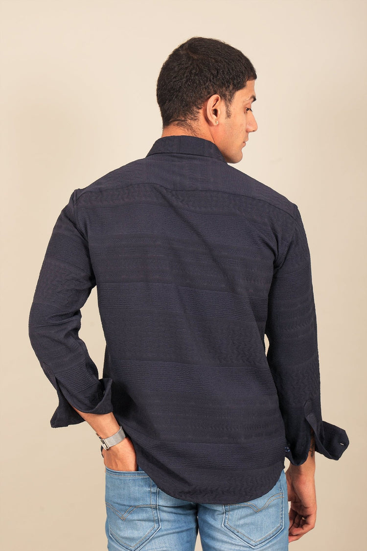 Bluebird Men's Navy Blue Knitted Jacquard Shirt - Veshbhoshaa