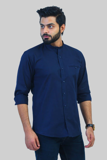 Bluebird Men's Navy Blue Mandarin Collar Casual Shirt - Veshbhoshaa