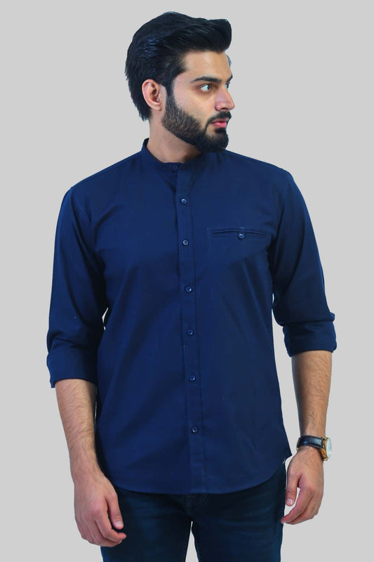 Bluebird Men's Navy Blue Mandarin Collar Casual Shirt - Veshbhoshaa